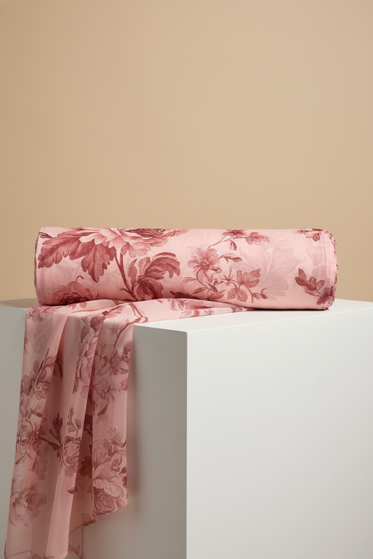 SILKY CHIFFON FLORAL FABRIC – VINTAGE ROSE PINK BASE - JTP 13203-4