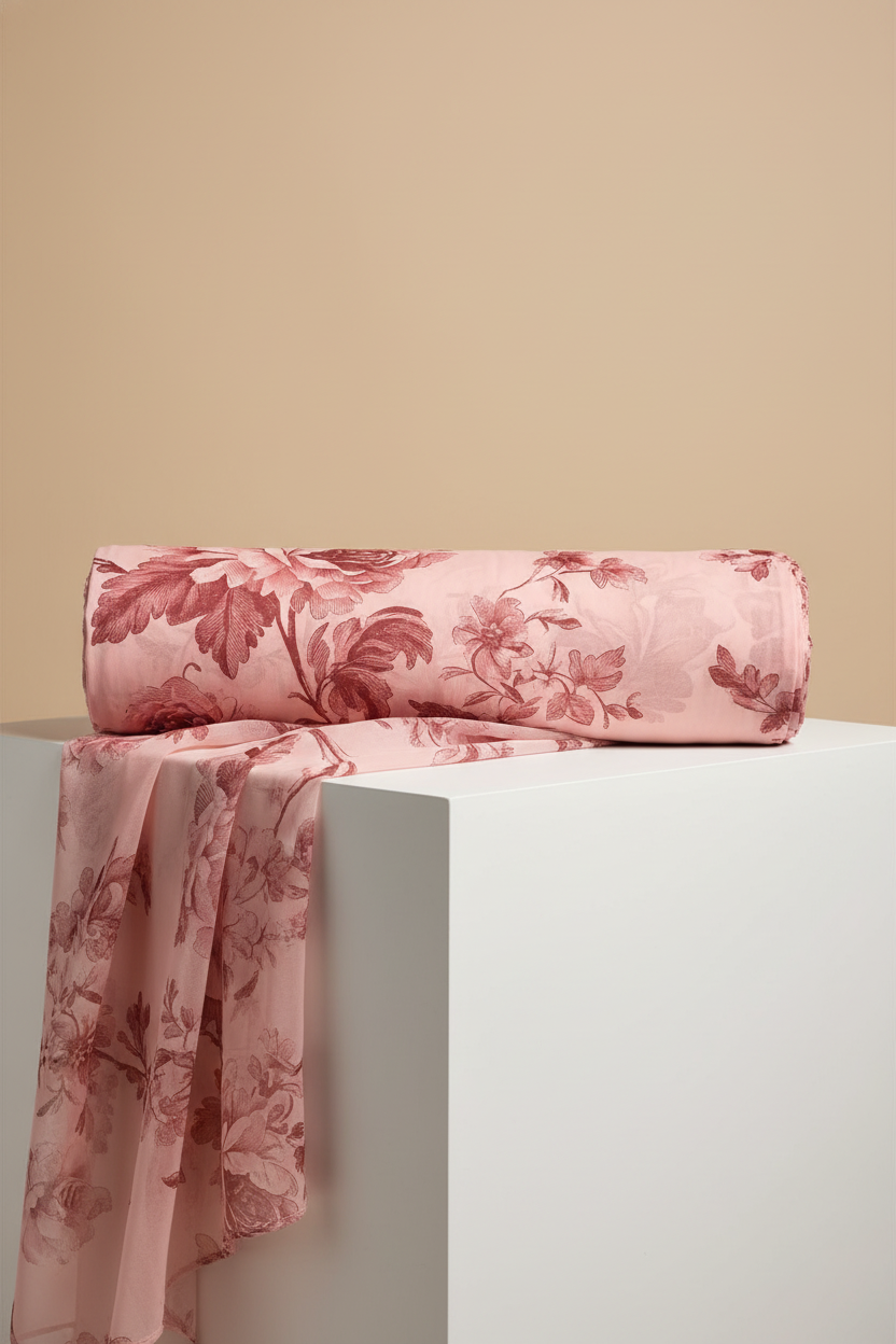 SILKY CHIFFON FLORAL FABRIC – VINTAGE ROSE PINK BASE - JTP 13203-4