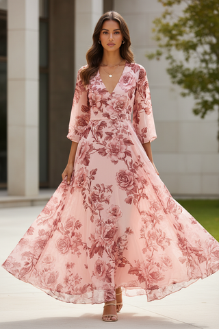 SILKY CHIFFON FLORAL FABRIC – VINTAGE ROSE PINK BASE - JTP 13203-4
