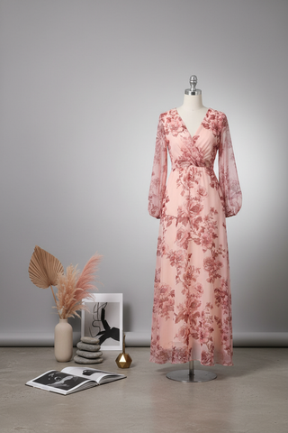 SILKY CHIFFON FLORAL FABRIC – VINTAGE ROSE PINK BASE - JTP 13203-4
